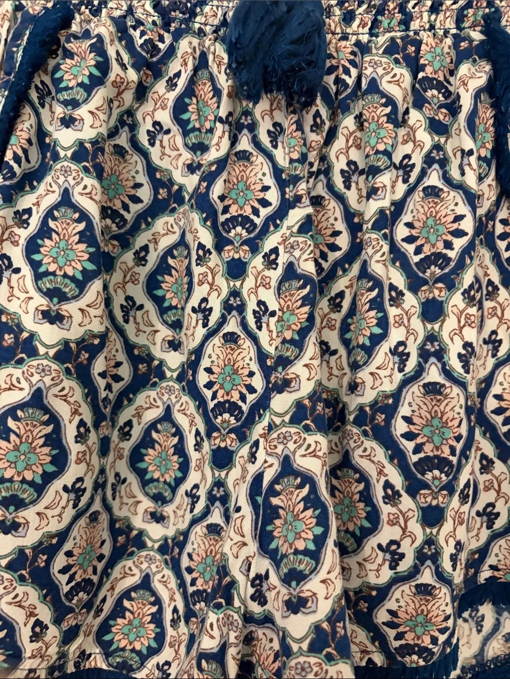 Lounge Shorts Blue and White And Pink Bohemian Printed Pom-Pom Japna  - Medium